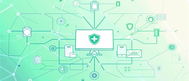 green graphic with connected healthcare lines and computer screen illustration