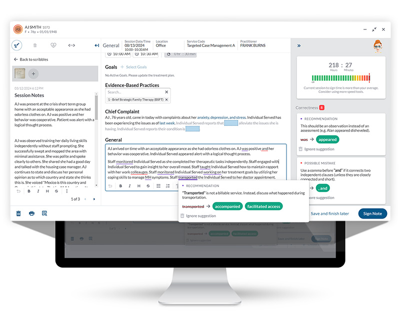 Computer screen displaying clinical recommendations - Netsmart Bells AI clinical notes boost quality of care and ROI