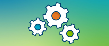 Graphic image of three gears on a blue and green gradient background. 