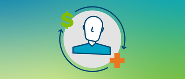 A graphic image of a dollar sign and a medical emblem circling around a person's head.